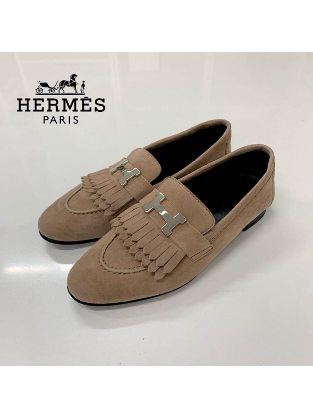Hermes Royale Suede H Constance Fringe Loafers